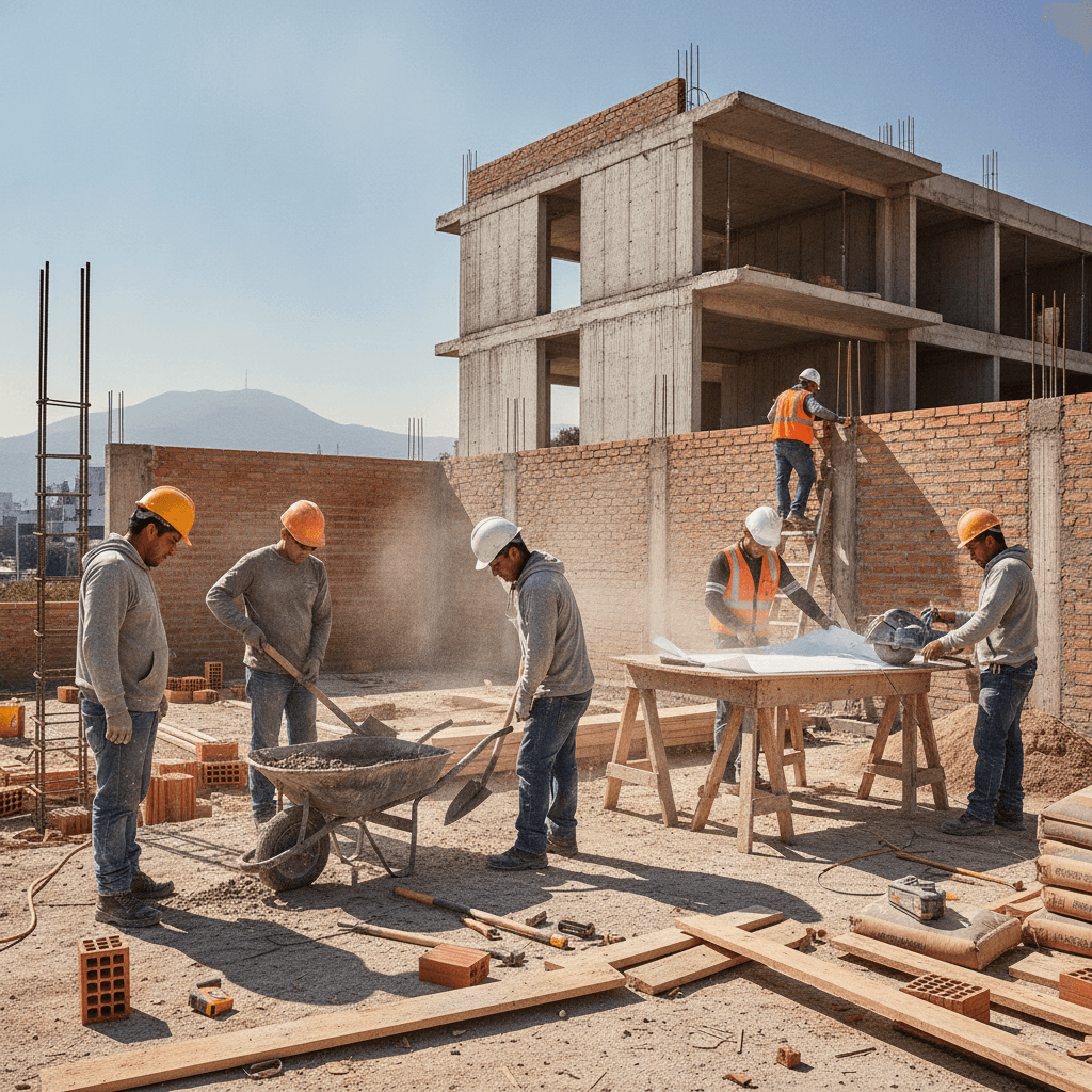 Mexican construction worker laying brick walls at a residential project in CDMX, Mexico