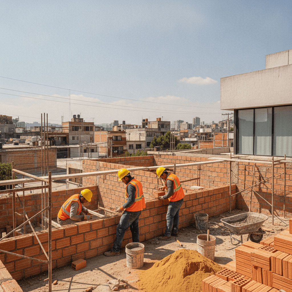 Maestros albañiles trabajando en una obra de construcción de casa en la Ciudad de México con herramientas y materiales, bajo un cielo claro.