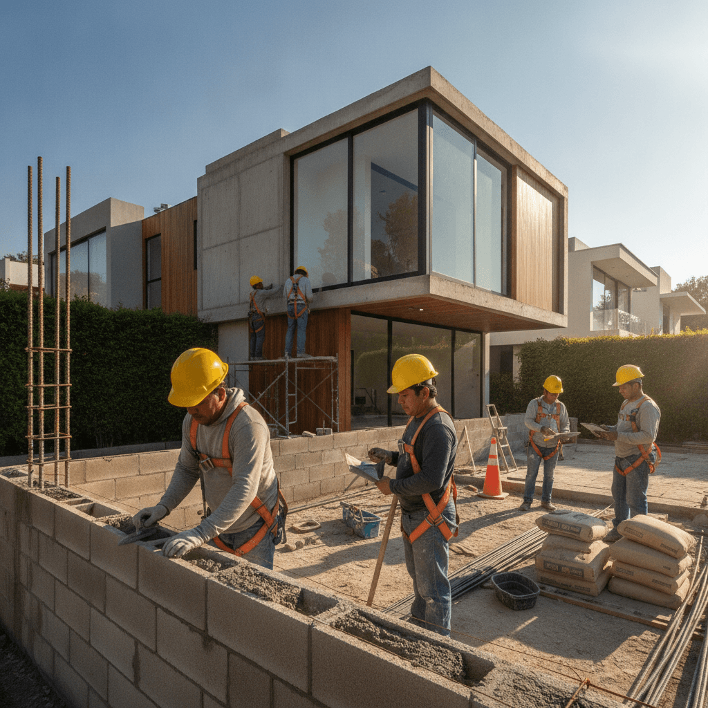 Equipo de albañiles trabajando en una construcción residencial en la Ciudad de México bajo el sol de agosto de 2026.