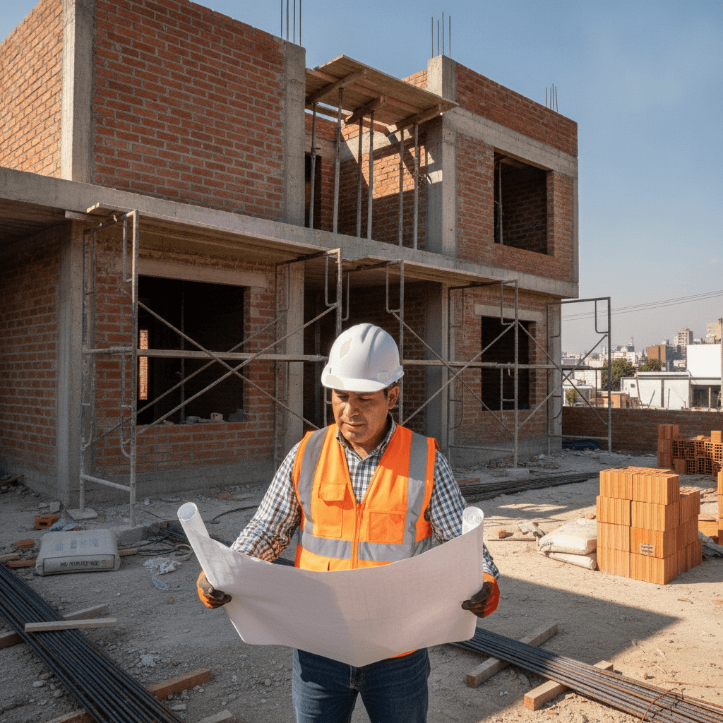 Maestro albañil mexicano revisando planos en una obra de construcción residencial en la Ciudad de México, septiembre 2026