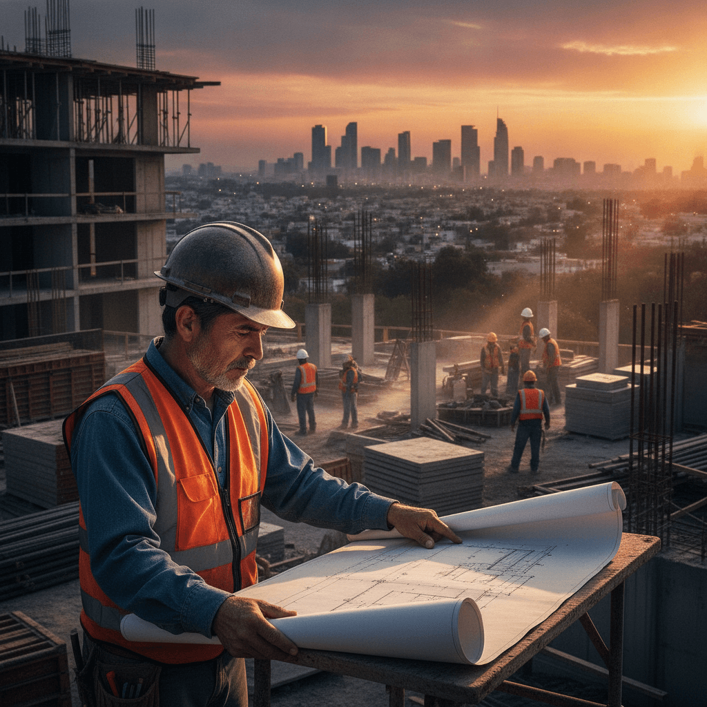 Maestro albañil mexicano revisando planos de construcción en una obra en la Ciudad de México con el skyline de fondo al atardecer, trabajadores de la construcción en el fondo.