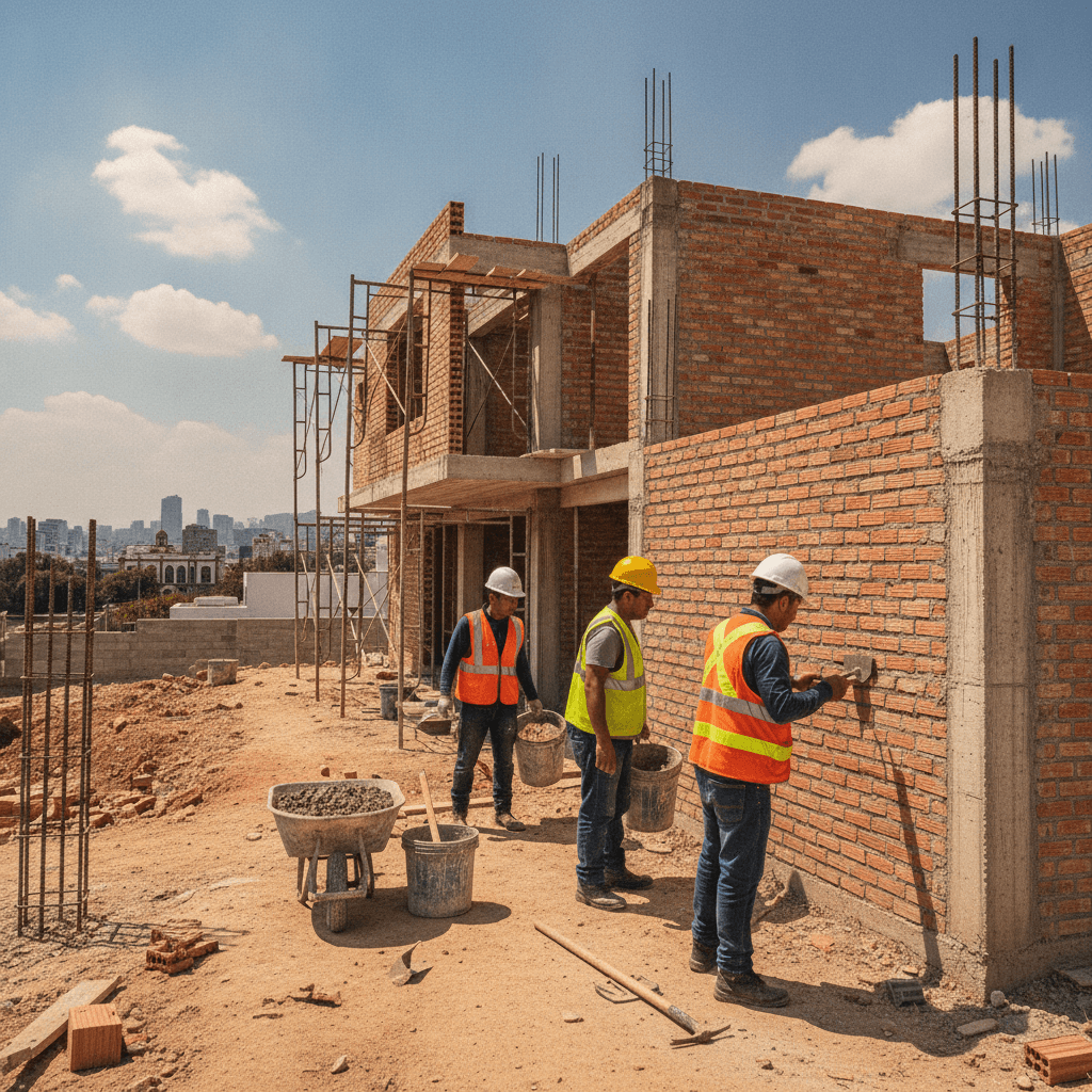 Albañiles mexicanos trabajando en una obra de construcción residencial en la Ciudad de México bajo un cielo azul, con herramientas y materiales alrededor.