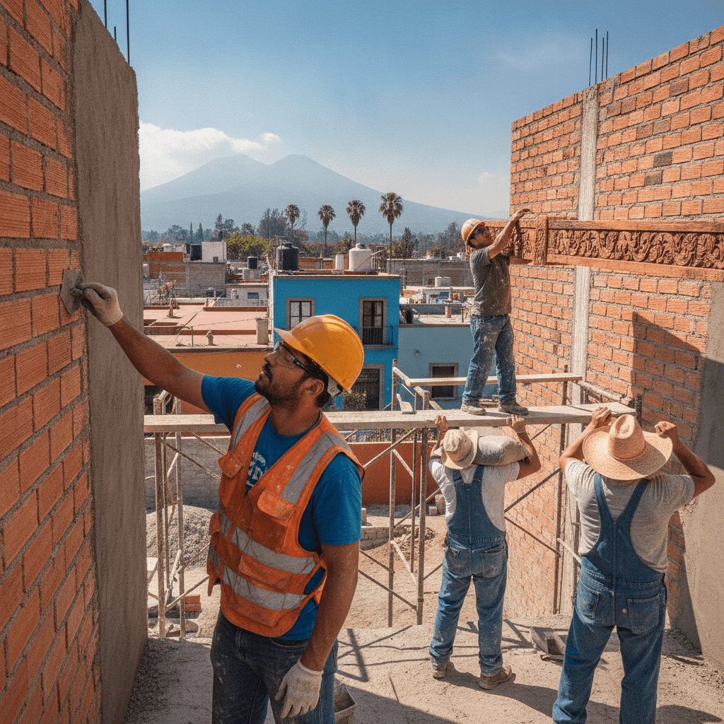 Albañiles profesionales trabajando en un proyecto de construcción residencial en la Ciudad de México, México, bajo un cielo azul.