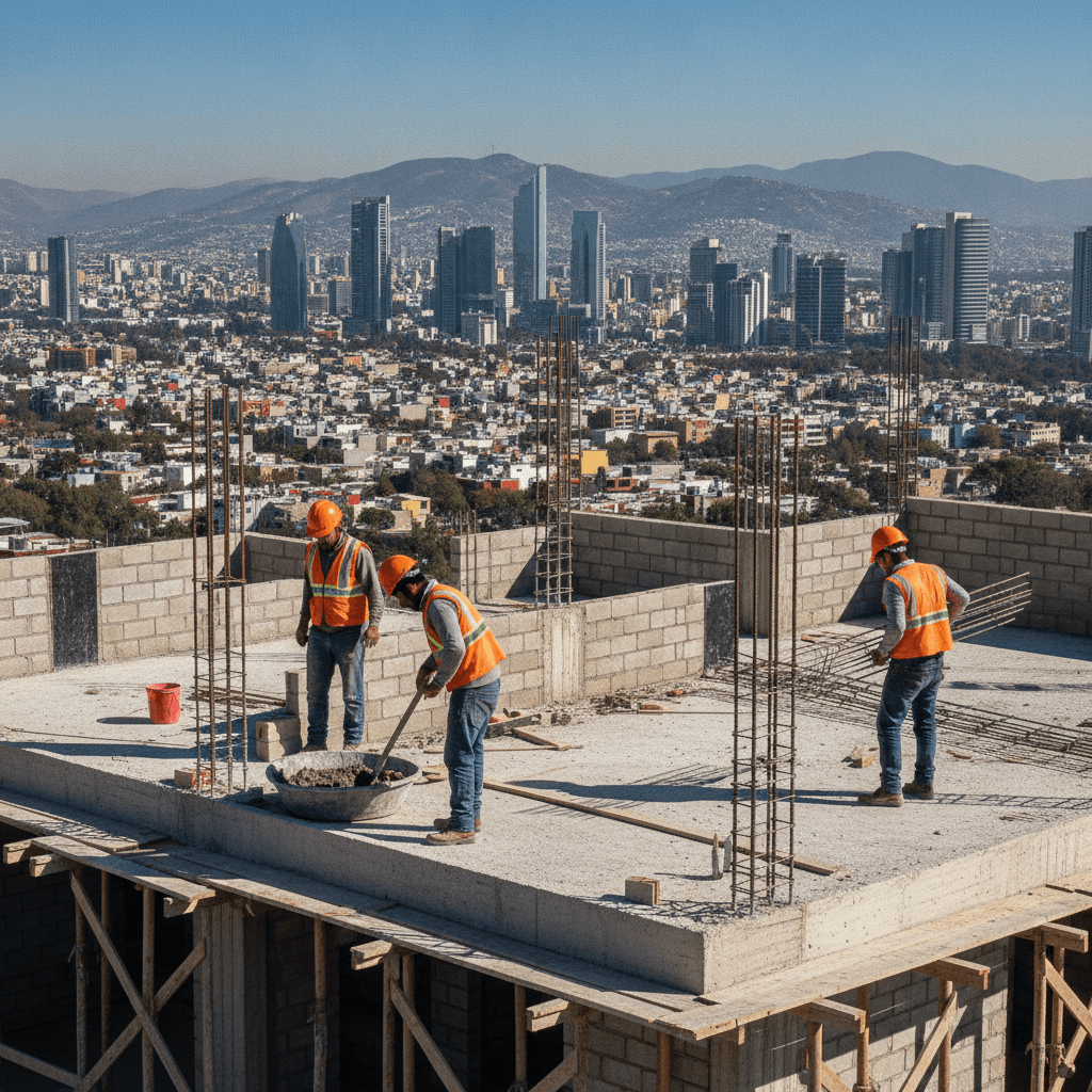 Albañiles trabajando en una obra de construcción de casa en la Ciudad de México.