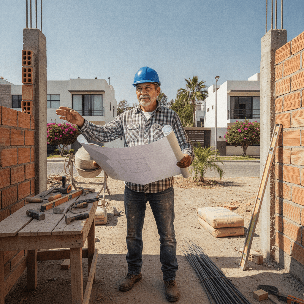 Maestro albañil mexicano inspeccionando una obra de construcción en una colonia residencial de la CDMX, con planos y herramientas en julio de 2026.