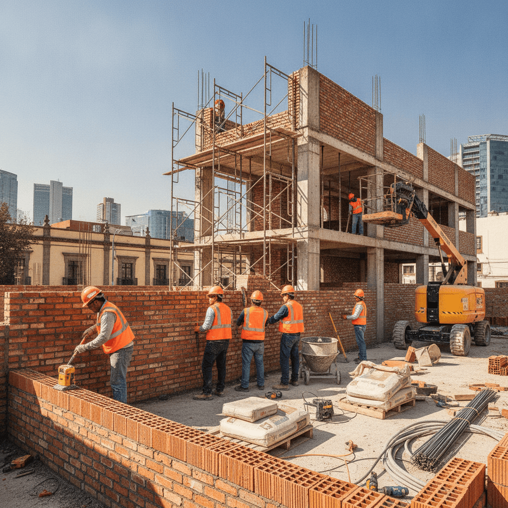 Equipo de albañiles trabajando en una obra de construcción residencial en la Ciudad de México, México, bajo un cielo despejado, julio 2026