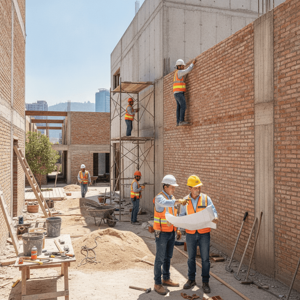 Maestro albañil y su equipo trabajando en una obra de construcción residencial en la Ciudad de México, septiembre 2026. Un albañil en CDMX con casco y herramientas.