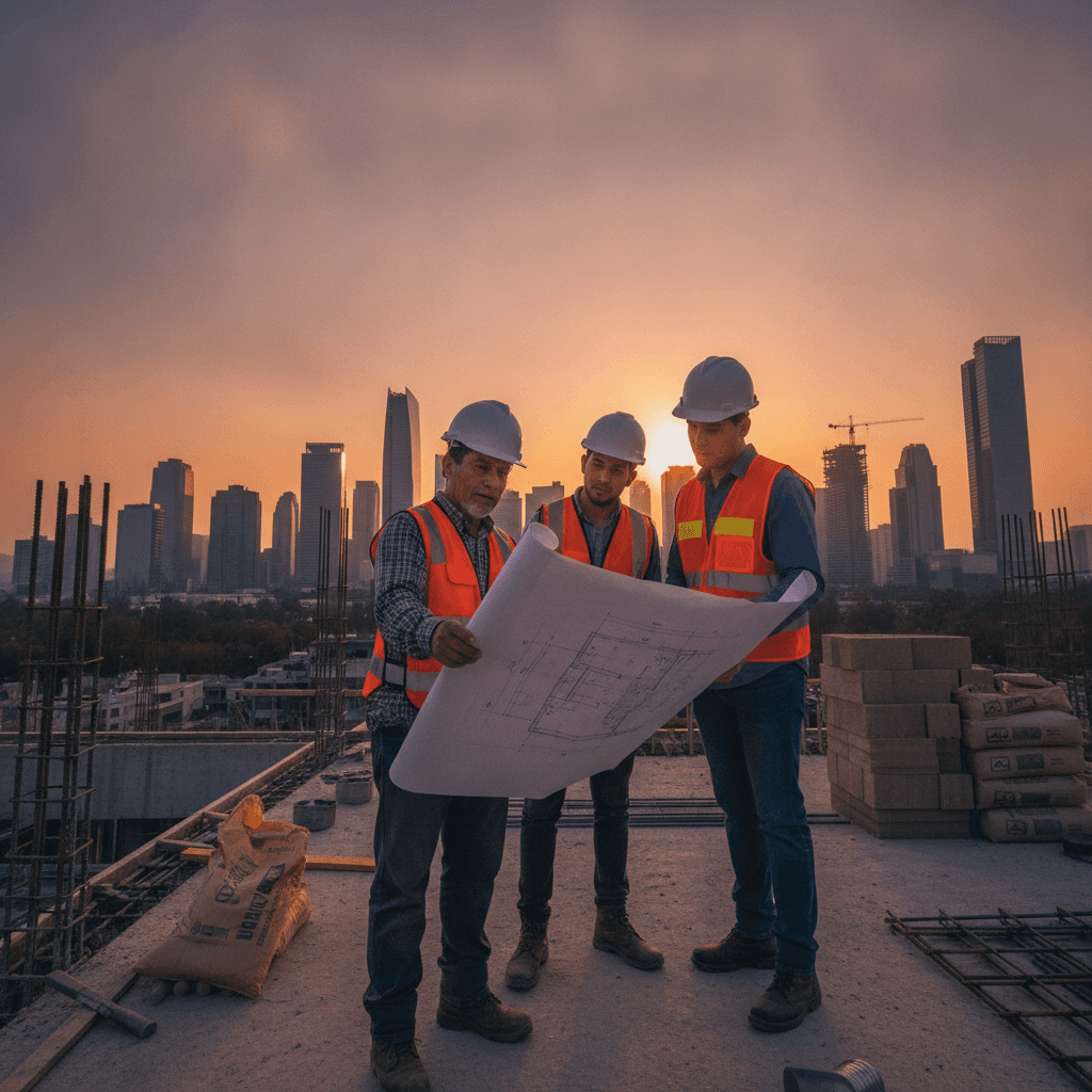 Maestro albañil mexicano revisando planos de construcción en una obra en la Ciudad de México con el skyline de fondo al atardecer, julio 2026