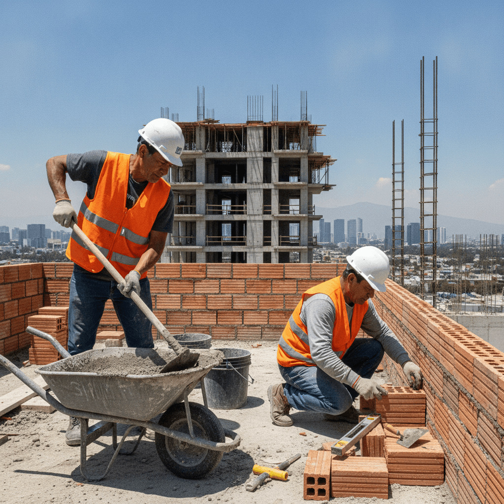 Two experienced bricklayers working on a new residential construction in Mexico City, carefully laying bricks for a wall under a clear sky.