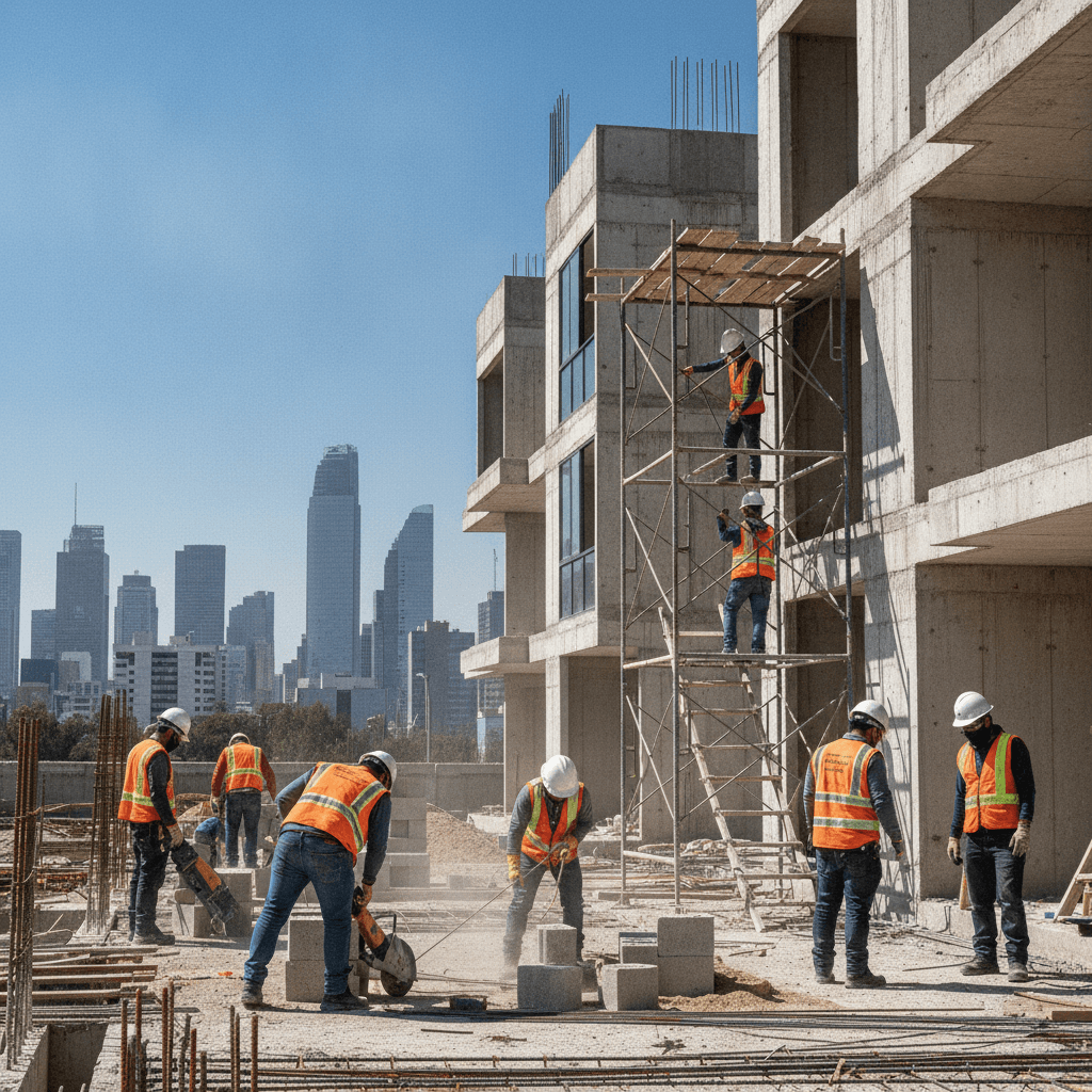 Trabajadores de la construcción en un sitio de obra en la Ciudad de México, con edificios modernos al fondo.