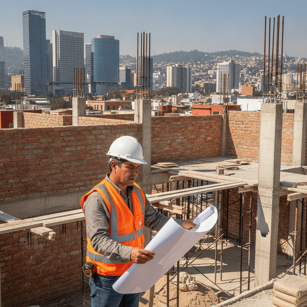 Maestro albañil mexicano revisando planos en obra residencial de la CDMX con casco y chaleco