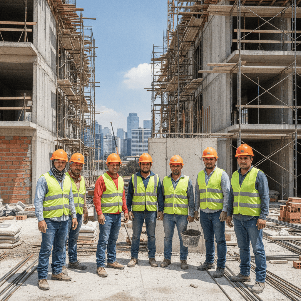 Equipo de albañiles mexicanos trabajando en una obra de construcción en la Ciudad de México