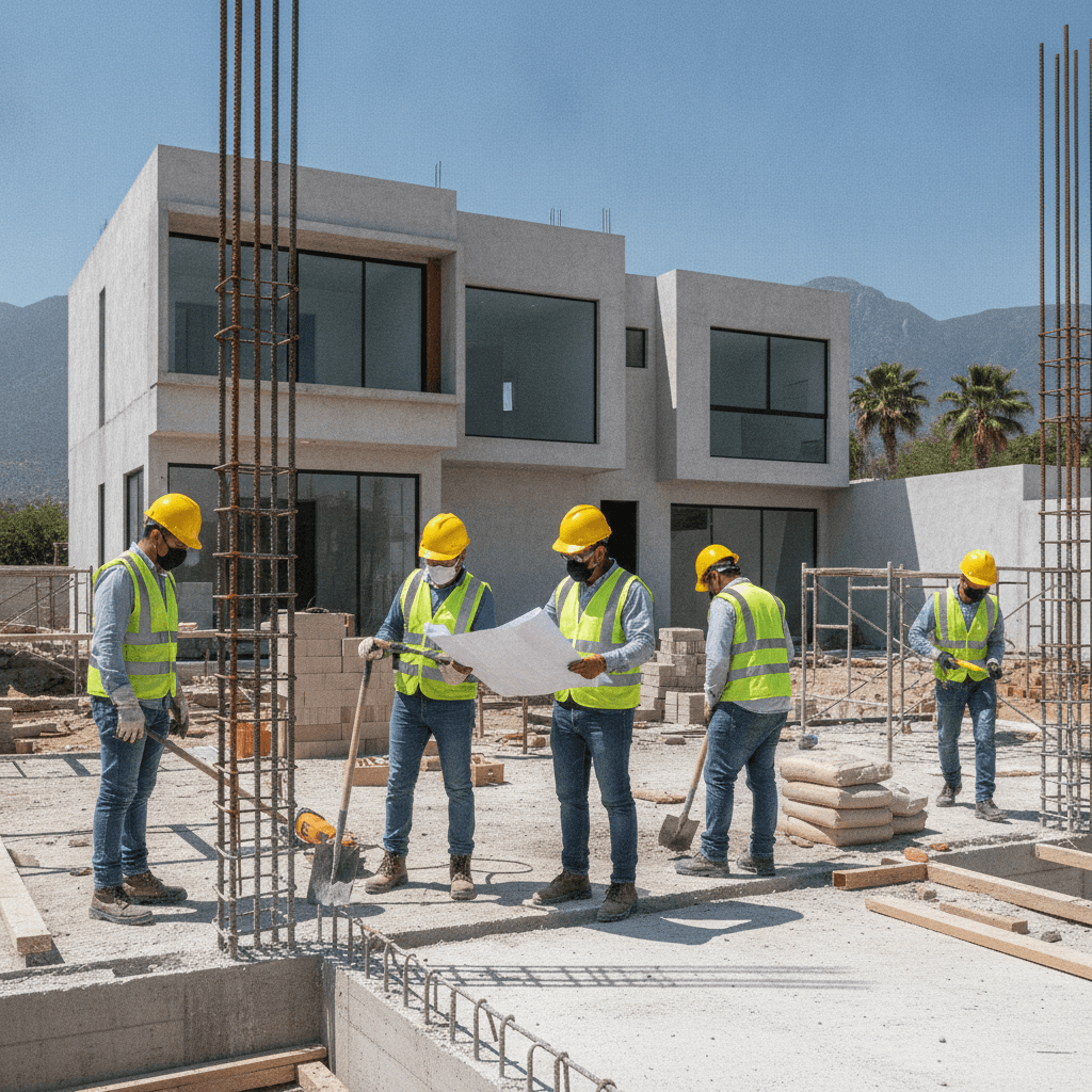 Albañiles profesionales trabajando en una obra de construcción residencial en Monterrey, México, bajo un sol radiante.