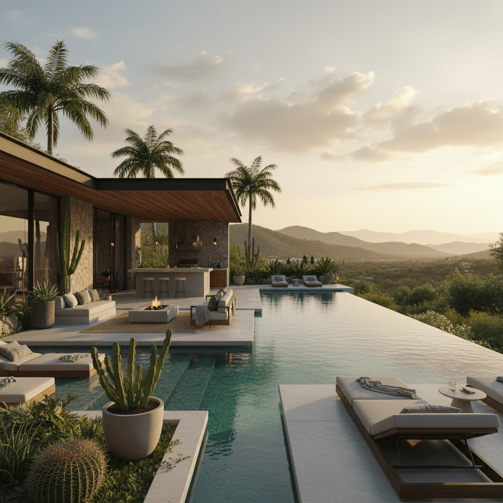 Diseño moderno de alberca infinity con jardín en casa premium, México