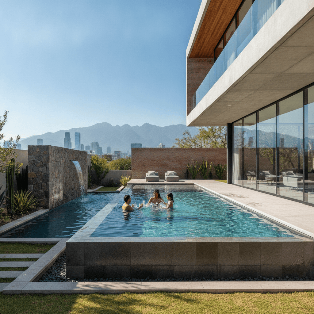Familia disfrutando de una moderna alberca en el patio trasero de una casa en Monterrey, México, bajo un cielo soleado. La arquitectura es contemporánea y de lujo.