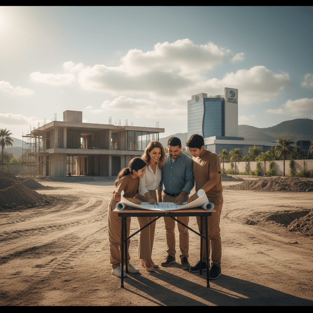 Familia mexicana revisando planos de construcción en un terreno, con un banco al fondo.