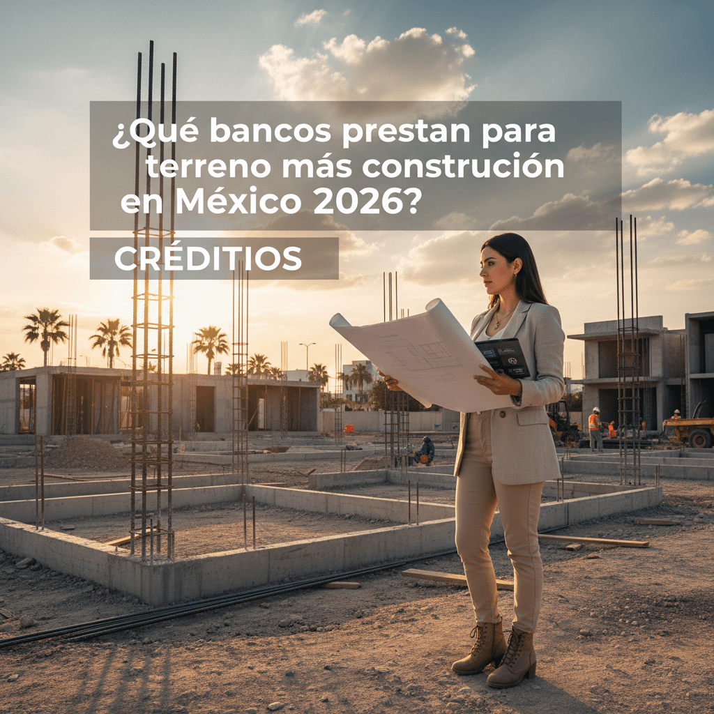 Mujer revisando planos frente a un terreno donde se construirá una casa, buscando financiamiento bancario