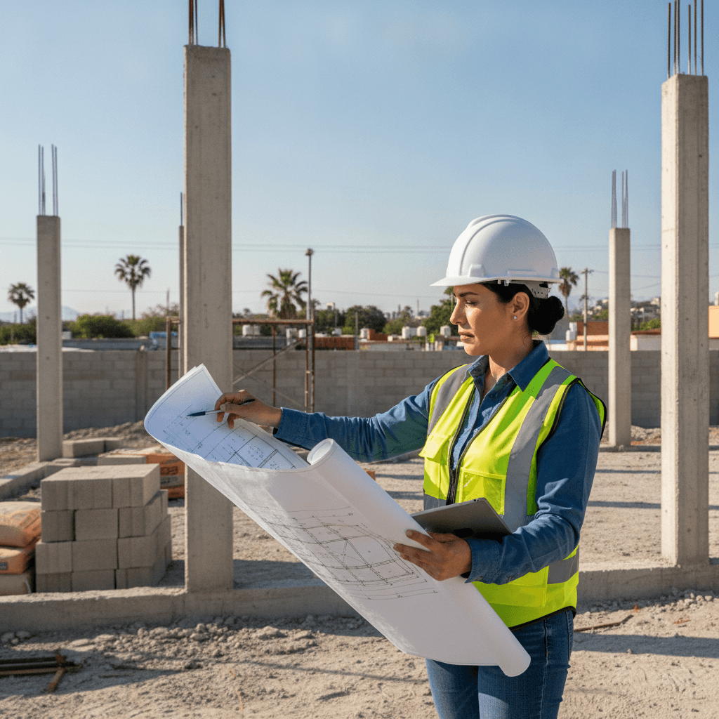 Ingeniero civil revisando planos de cálculo estructural en una obra de construcción de vivienda en México, con casco y chaleco de seguridad.