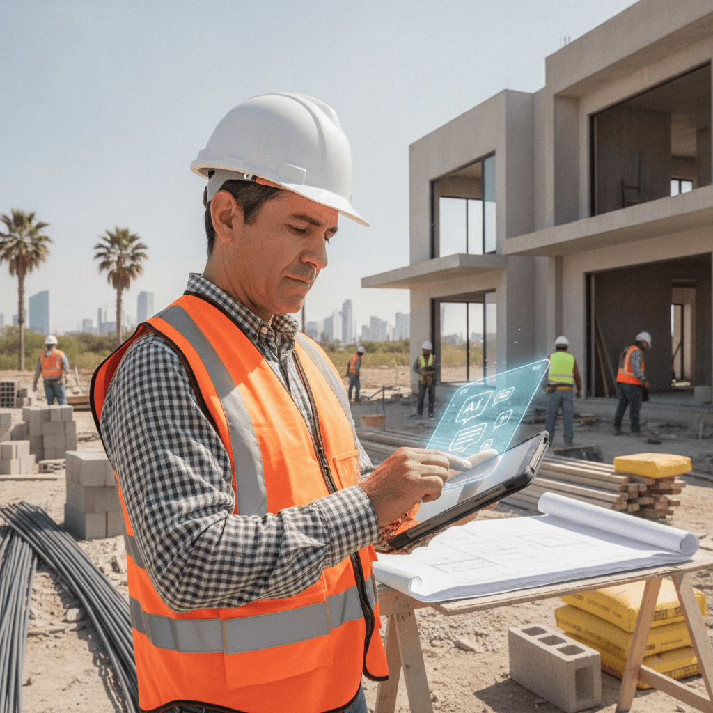 Contratista mexicano utilizando ChatGPT en una tablet en una obra de construcción de casas, con herramientas y planos