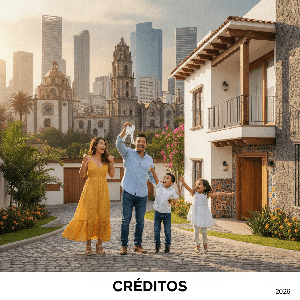 Familia mexicana feliz recibiendo las llaves de su nueva casa en CDMX, con un fondo urbano moderno y luminoso, representando el sueño de adquirir una propiedad en México.