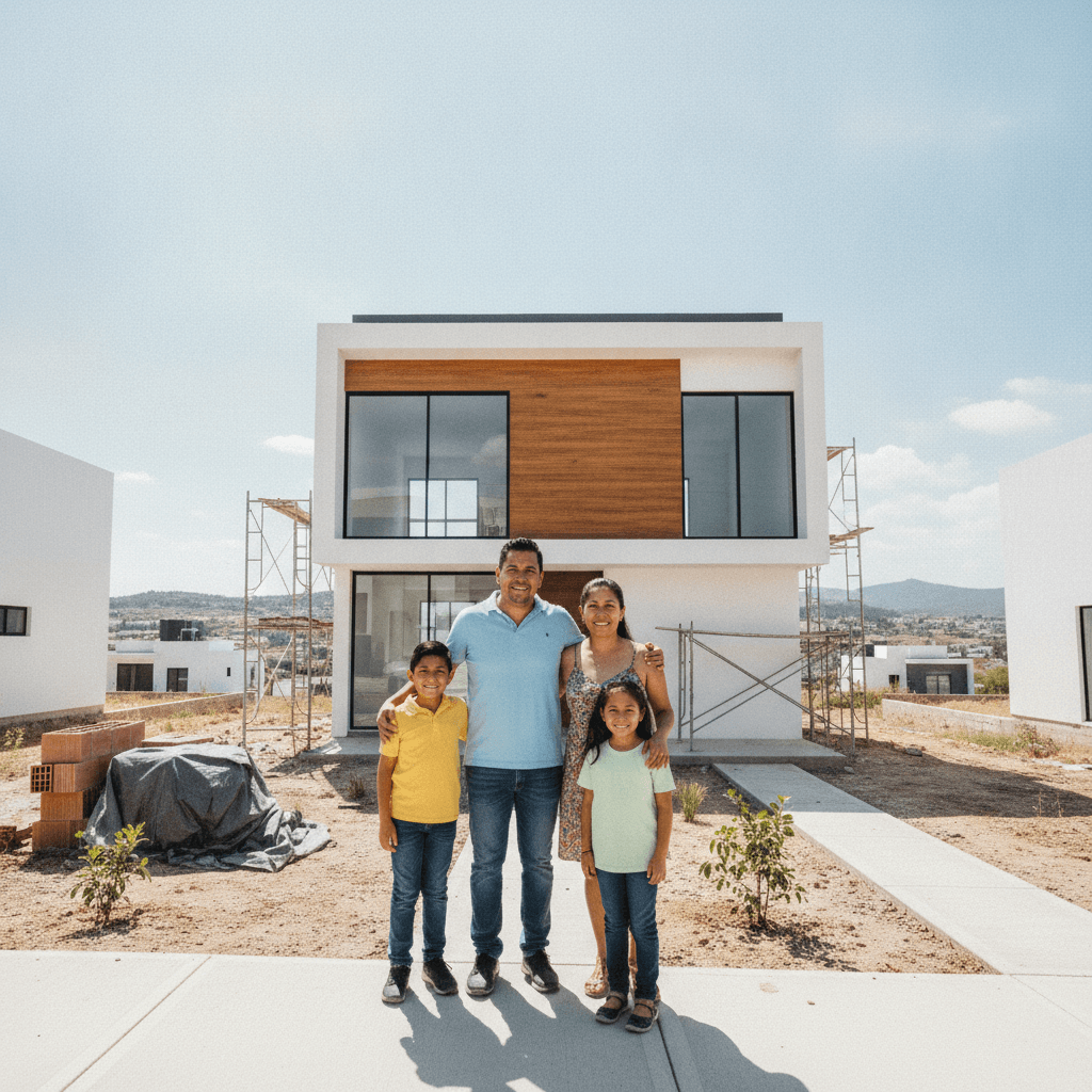 Familia mexicana feliz frente a una casa nueva en Querétaro, con andamios y una construcción moderna de fondo, representando la posibilidad de adquirir o construir sin enganche.