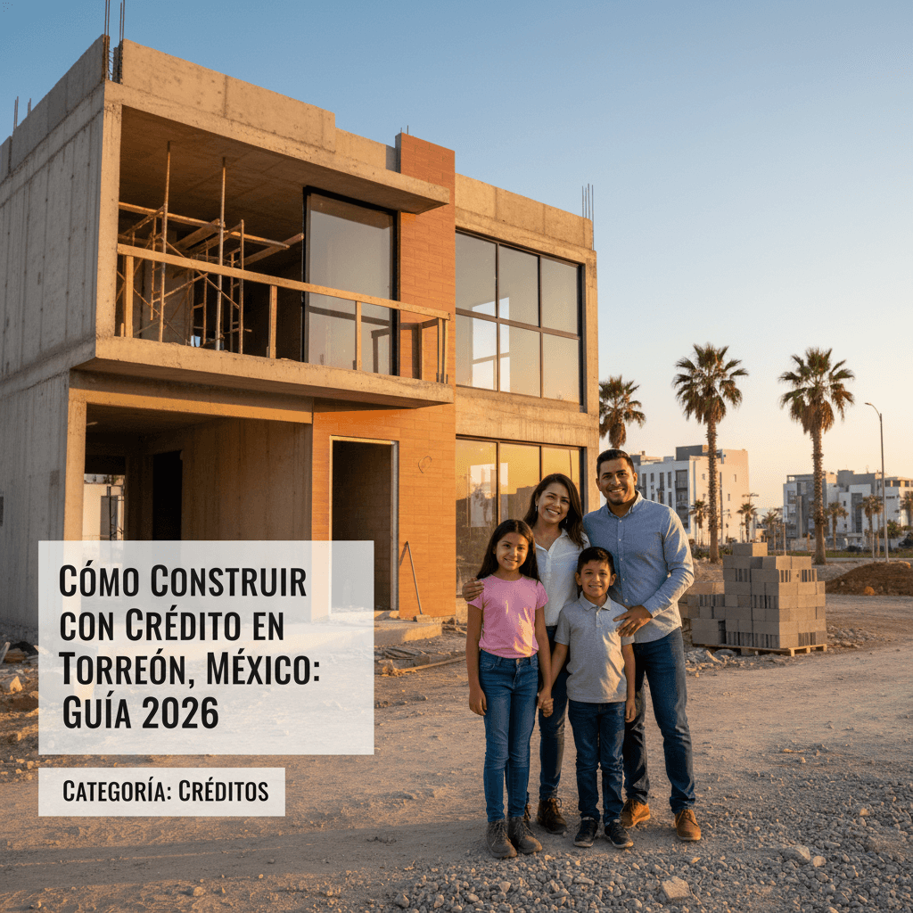 Familia feliz frente a su casa en construcción en Torreón, financiada con crédito