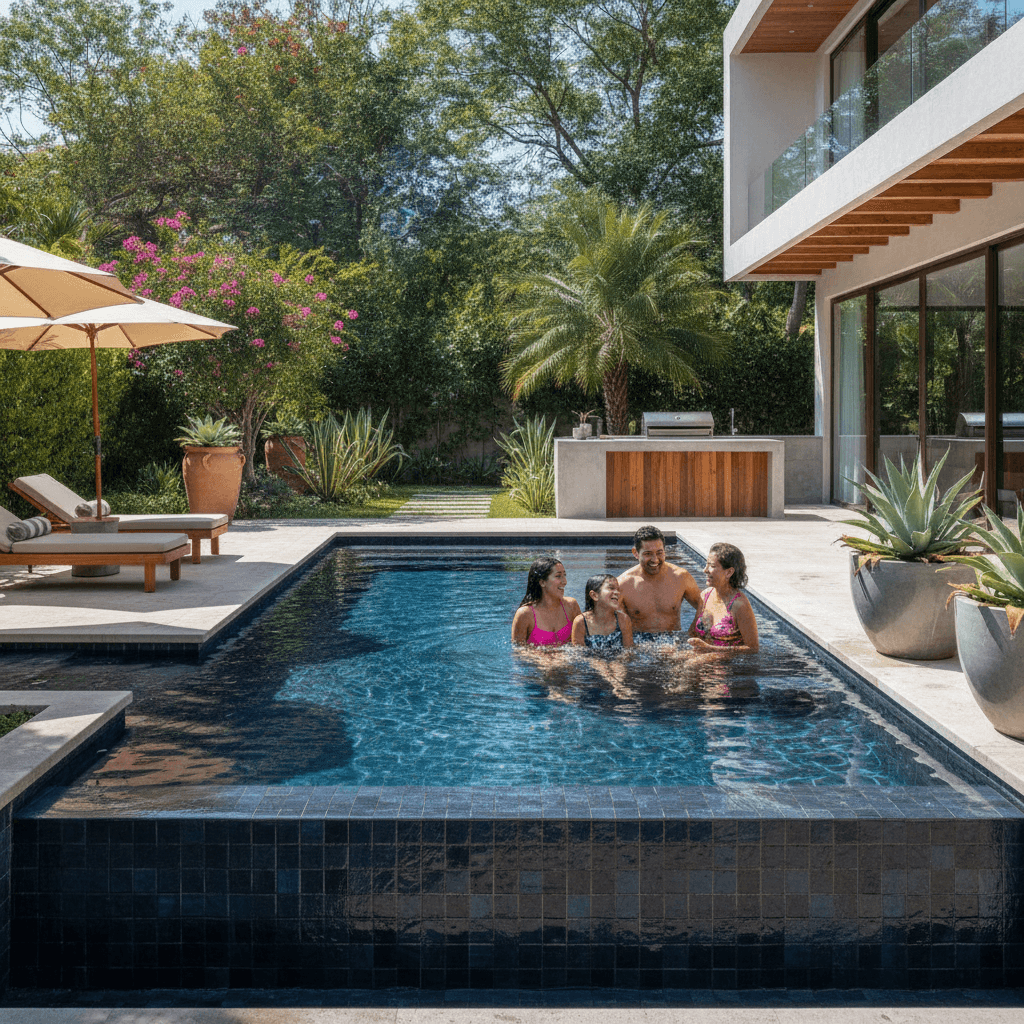 Familia disfrutando de una moderna alberca recién construida en un jardín soleado en México, mostrando acabados de lujo y paisajismo.