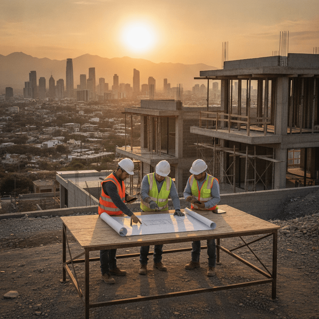 Trabajadores de la construcción en Monterrey, México, revisando planos de una obra residencial en progreso con la ciudad de fondo al atardecer.