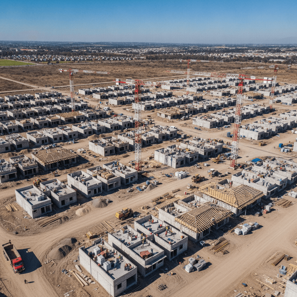 Vista aérea de un sitio de construcción residencial en Toluca, México, con casas en diferentes etapas de construcción y grúas, bajo un cielo despejado.