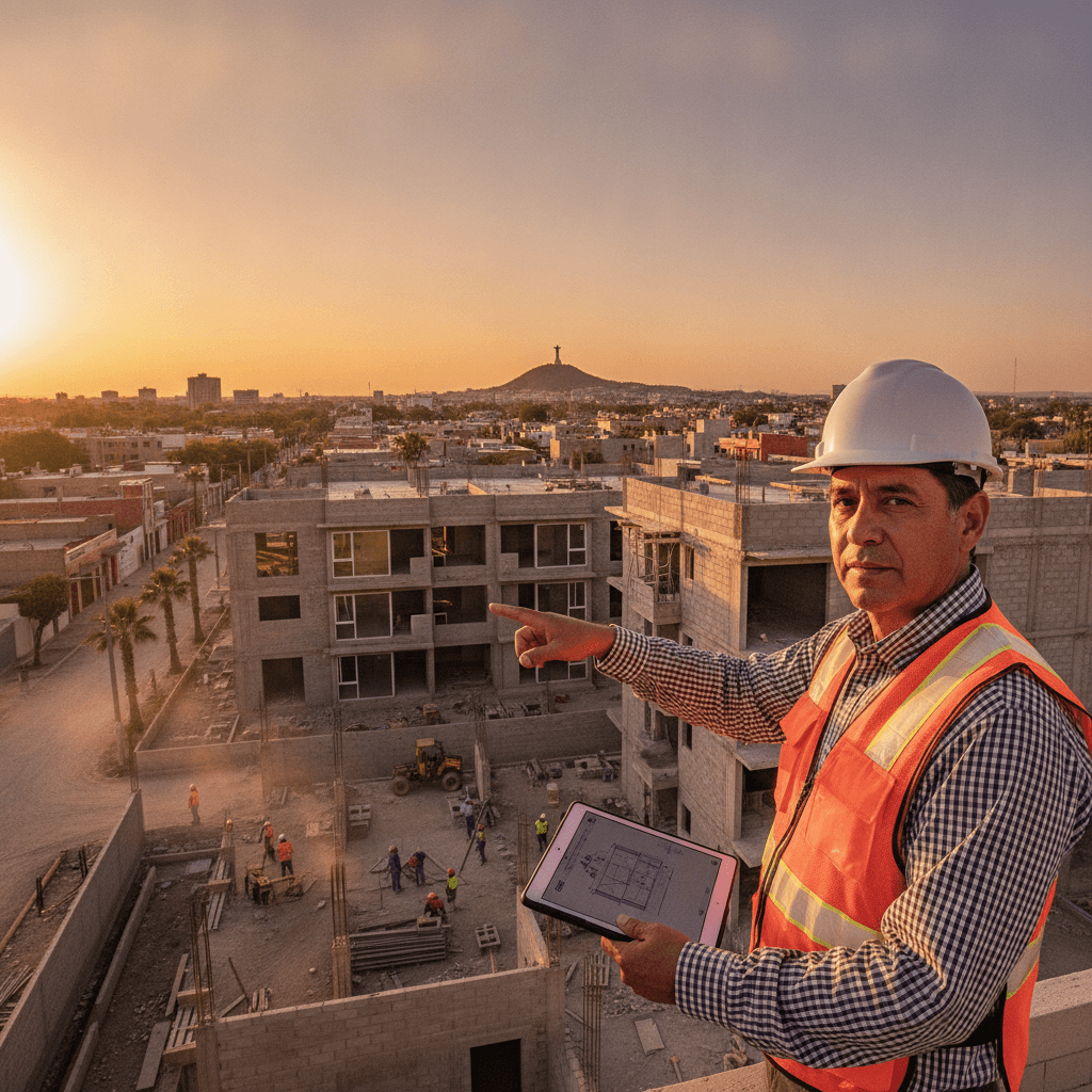 Maestro de obra supervisando proyecto de construcción residencial en Torreón, México, al atardecer.