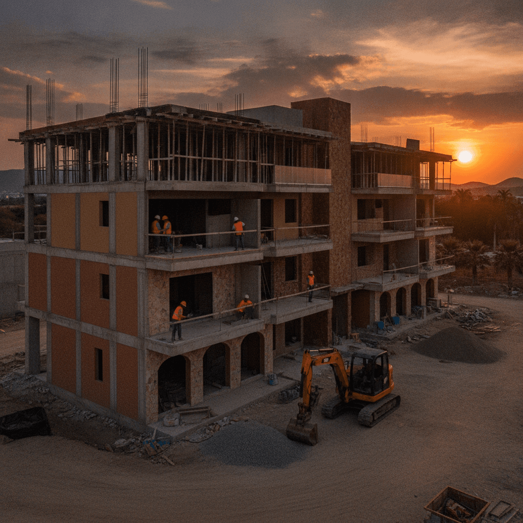 Representación de una constructora en Querétaro, México, con equipo de trabajadores y maquinaria en una obra residencial moderna al atardecer