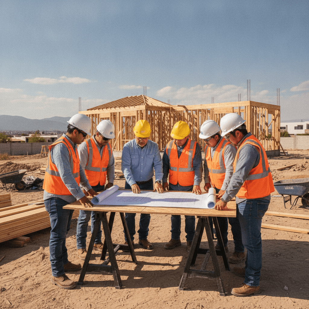Equipo de construcción mexicano trabajando en una obra residencial en Durango con casco y chaleco de seguridad, bajo un cielo soleado.
