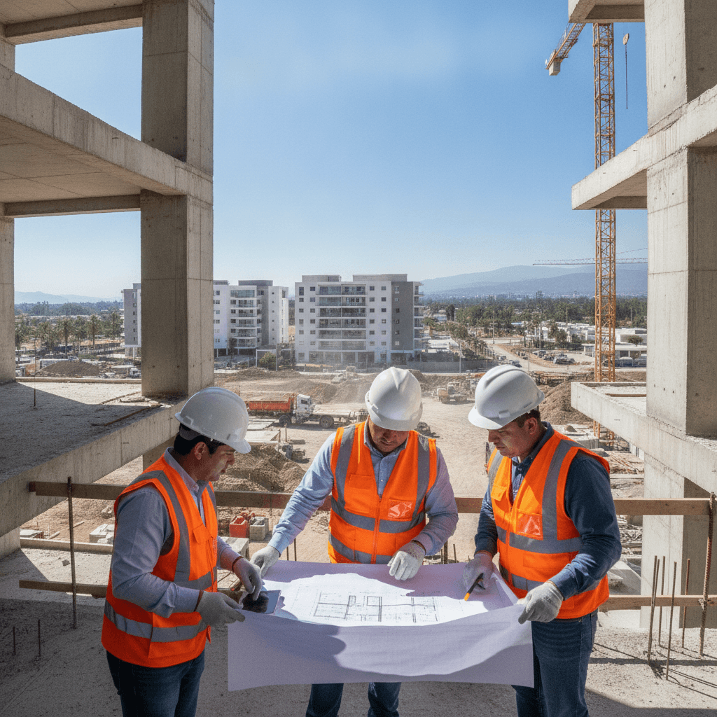 Trabajadores de la construcción supervisando un plano en un sitio de obra moderno en Durango, México.