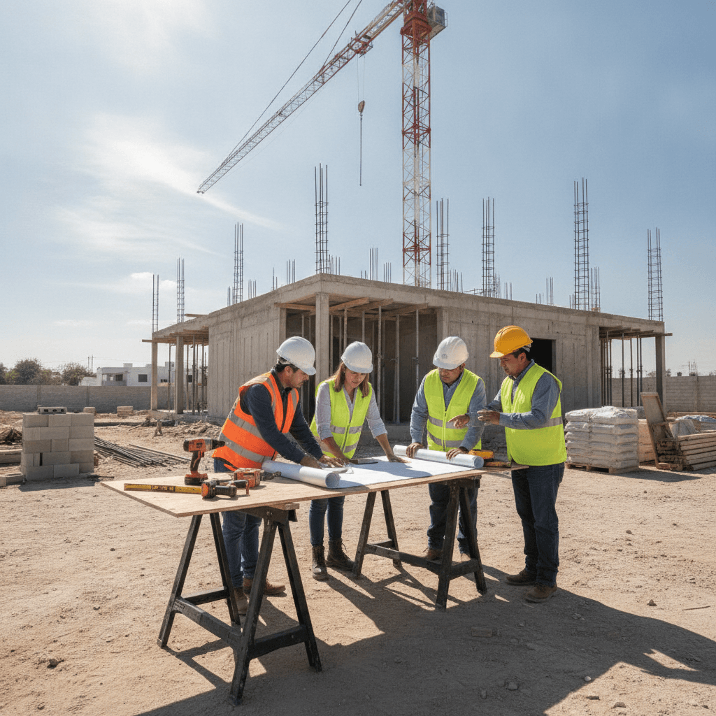 Equipo de arquitectos y constructores mexicanos revisando planos de una casa en construcción en Toluca con herramientas y grúa a lo lejos.