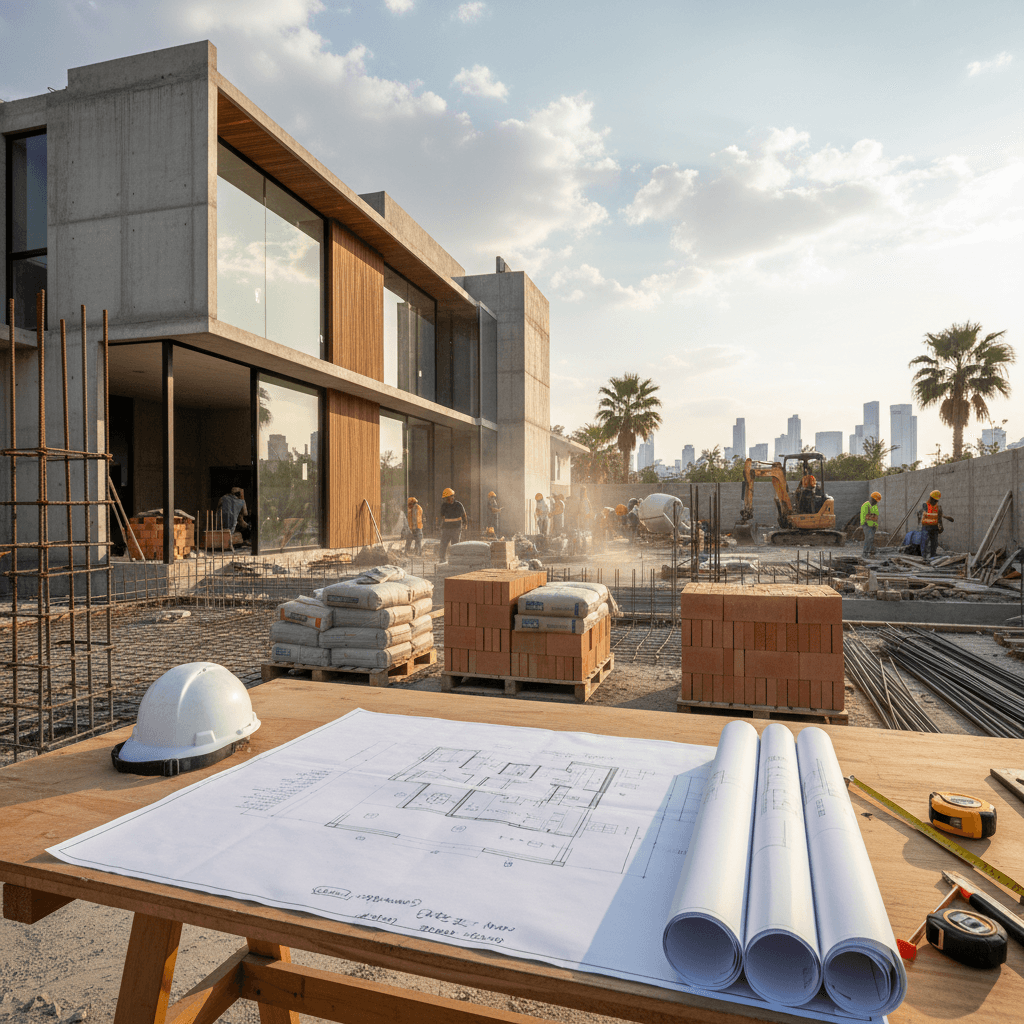 Ampliación de una casa moderna en México, con materiales de construcción y planos.