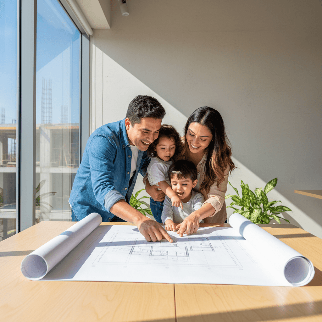 Familia mexicana revisando planos de construcción de su futura casa