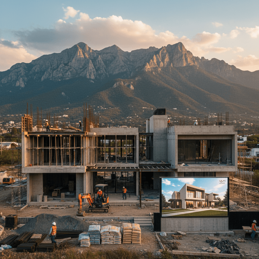 Construcción de una casa moderna en Monterrey, Nuevo León, con vista a las montañas.