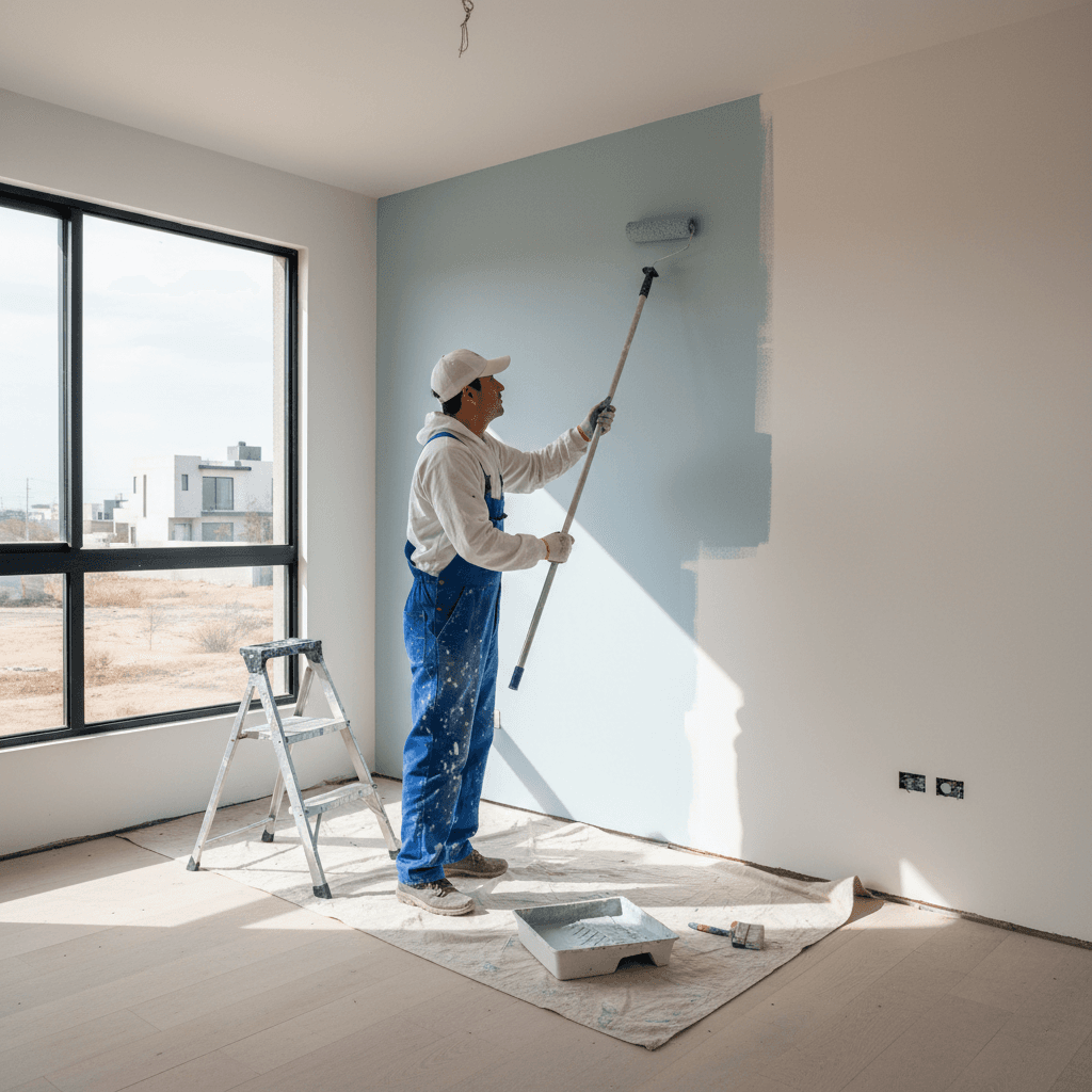Pintor profesional aplicando pintura en pared de casa en Torreón, México