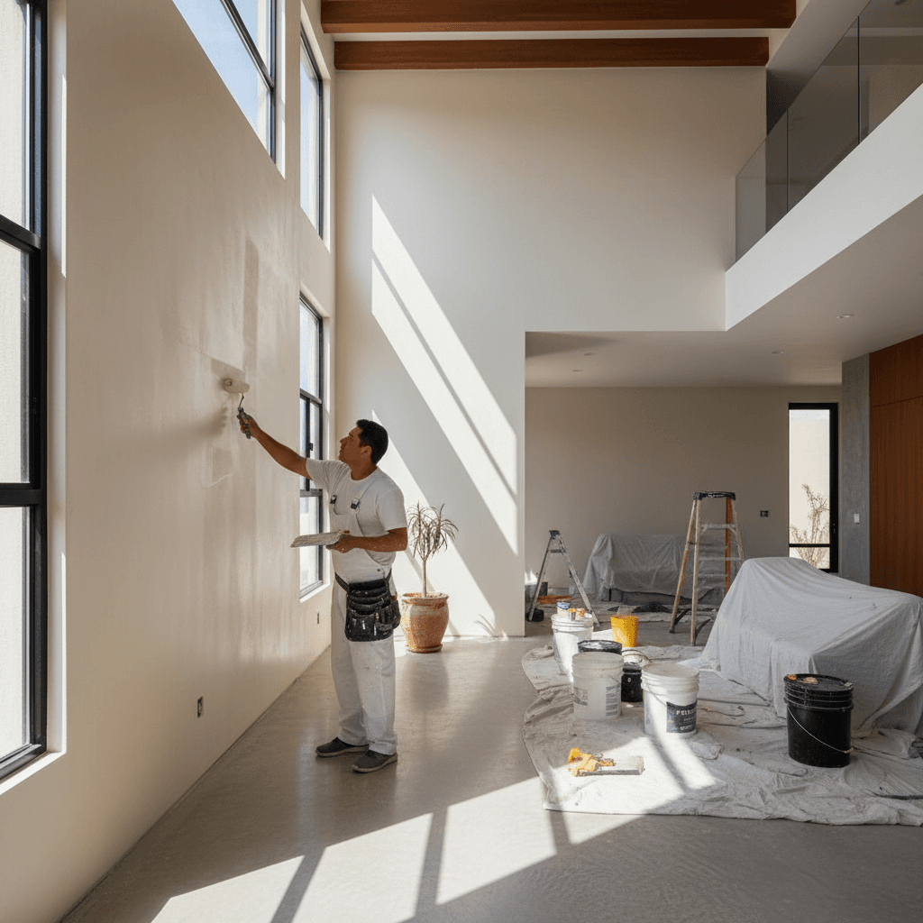 Pintor profesional trabajando en pared interior de casa en Torreón