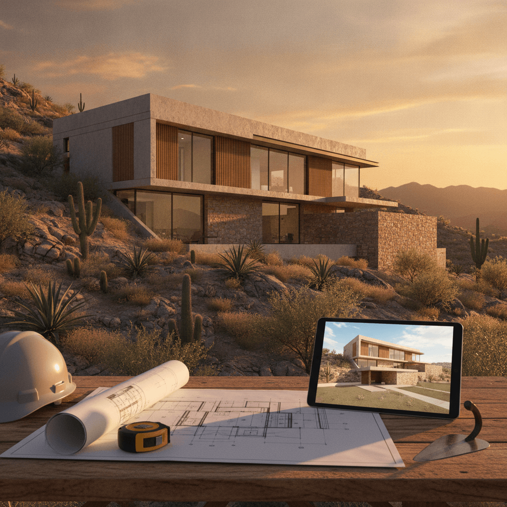 Diseño arquitectónico moderno de una casa en México al atardecer, con planos y herramientas de construcción en primer plano.