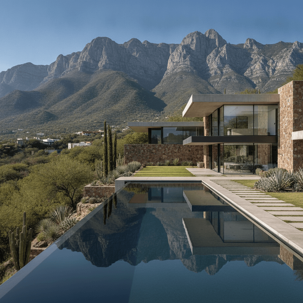 Render fotorealista de una casa moderna con diseño arquitectónico contemporáneo en Monterrey, México, con vistas a la montaña.