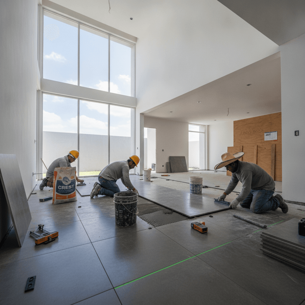 Trabajadores mexicanos instalando un piso de porcelanato en una casa moderna y luminosa, con herramientas y materiales alrededor. Junio 2026.