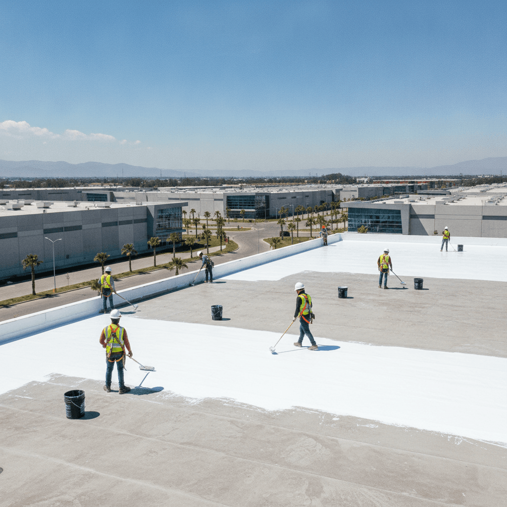 Trabajadores aplicando un sistema de impermeabilización en el techo de una nave industrial moderna en México, con cielos azules y equipo de seguridad.