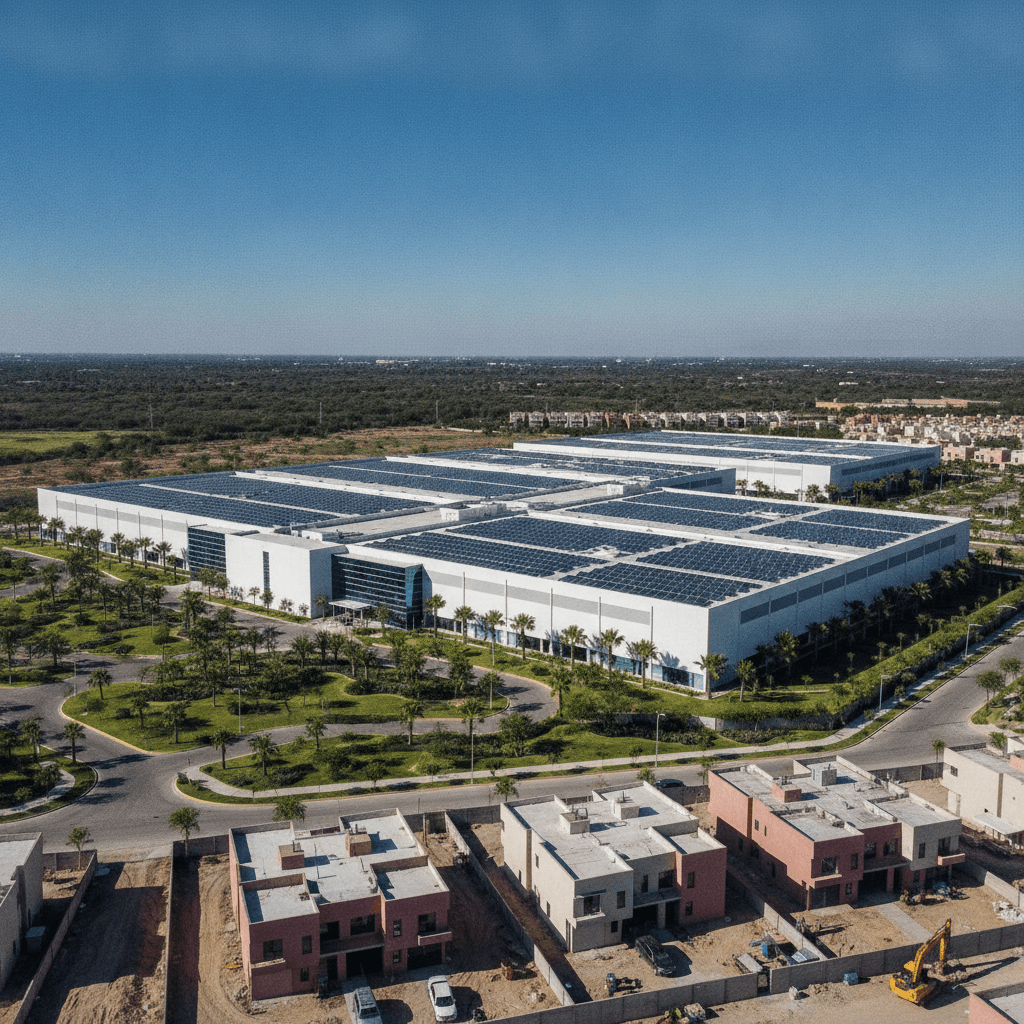 Vista aérea de una planta industrial moderna en México con paneles solares en el techo, representando eficiencia energética y sostenibilidad.