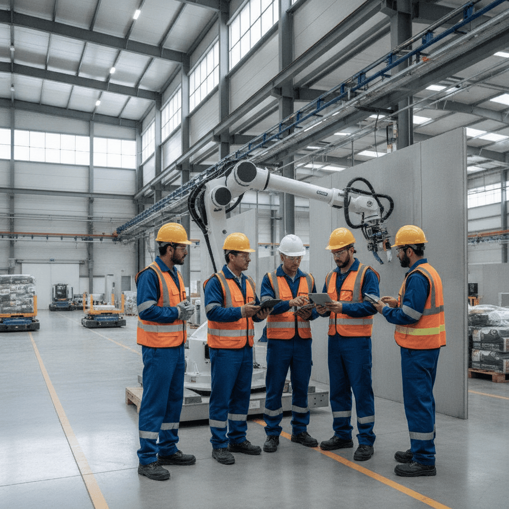 Equipo técnico realizando inspección y mantenimiento preventivo en una nave industrial moderna en Monterrey, México, junio de 2026.
