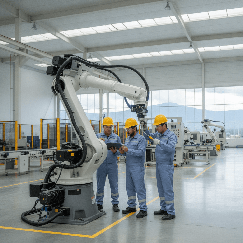 Mantenimiento preventivo en nave industrial moderna en Monterrey, México, con técnicos inspeccionando maquinaria de cerca en junio de 2026.
