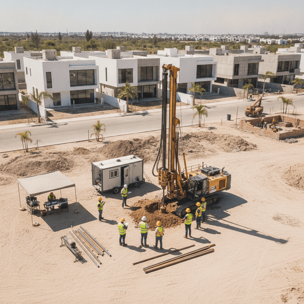 Vista aérea de un sitio de construcción en México con equipos de perforación realizando un estudio de mecánica de suelos, con casas residenciales en el fondo