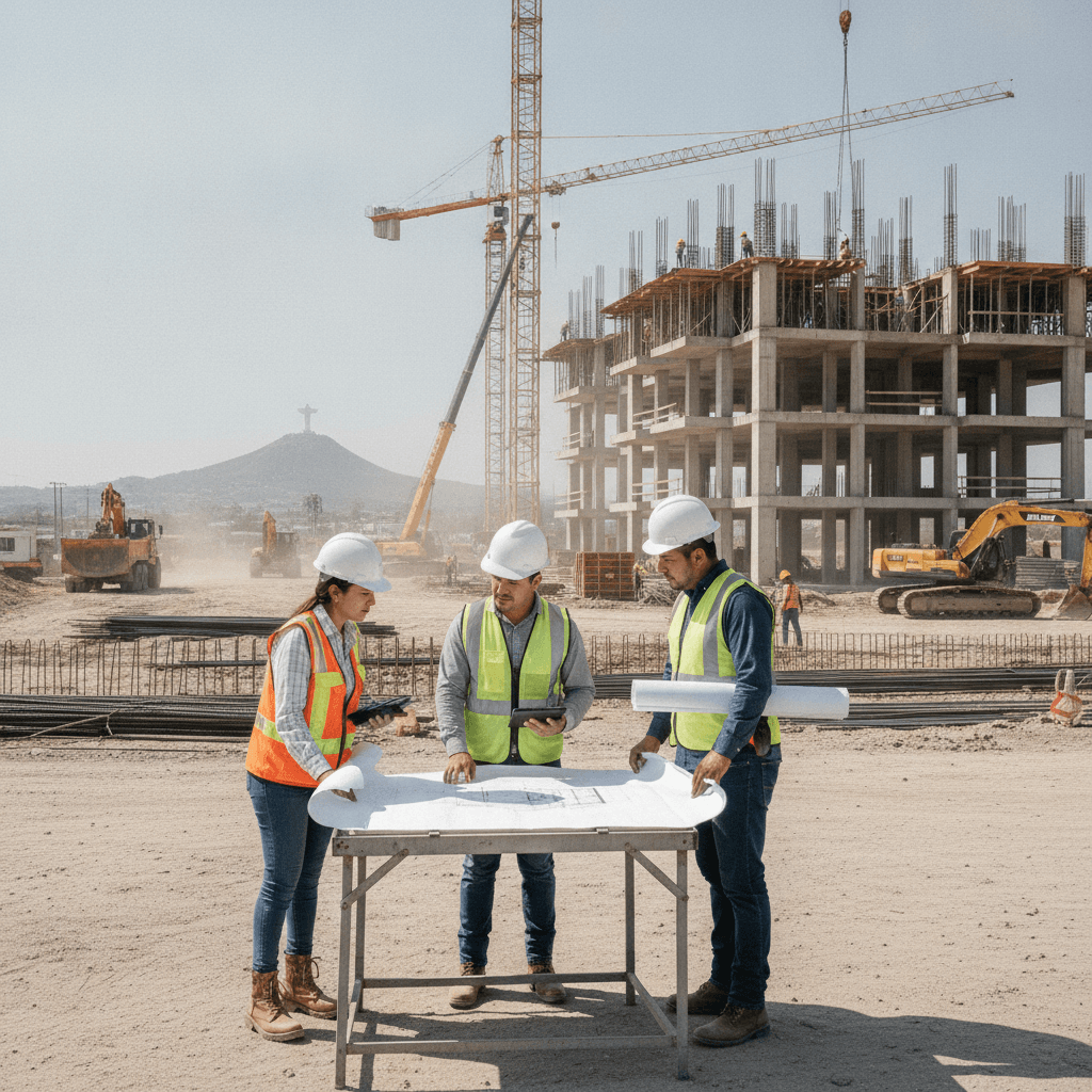 Trabajadores de la construcción supervisando planos en un sitio de obra civil en Torreón, México, con maquinaria pesada al fondo, fotorealista.