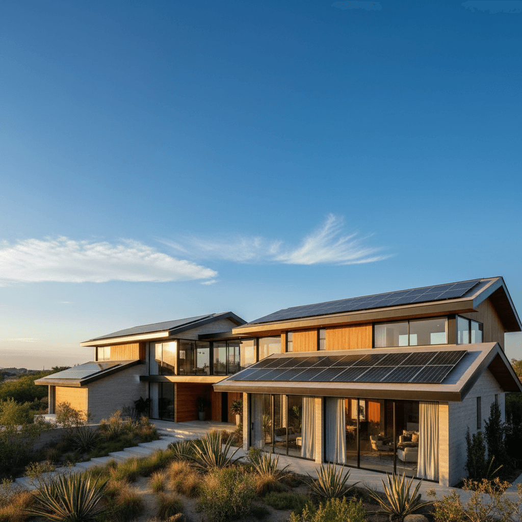 Casa grande con paneles solares integrados al diseño arquitectónico, cielo azul de fondo