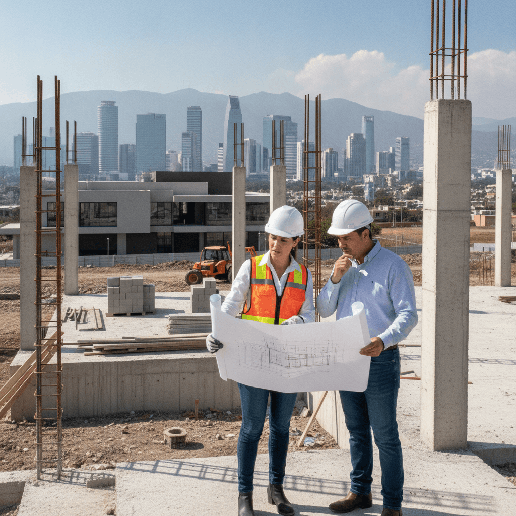 Arquitecto explicando planos a cliente en una obra de construcción residencial en México con horizonte urbano de Monterrey al fondo